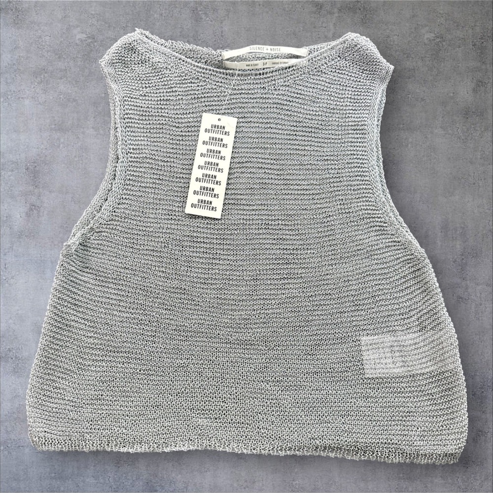 Silence + Noise Tank Top Womens Small Blue Metallic Open Knit Sheer Cropped